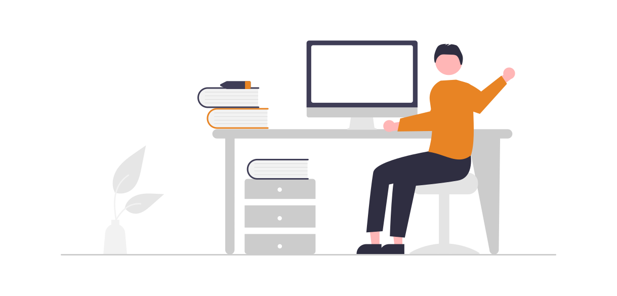 illustration of person working at their desk and waving